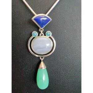 WHITNEY KELLY WK Sterling Silver Lace Agate Lapis & Jade Pendant Estate Vintage
